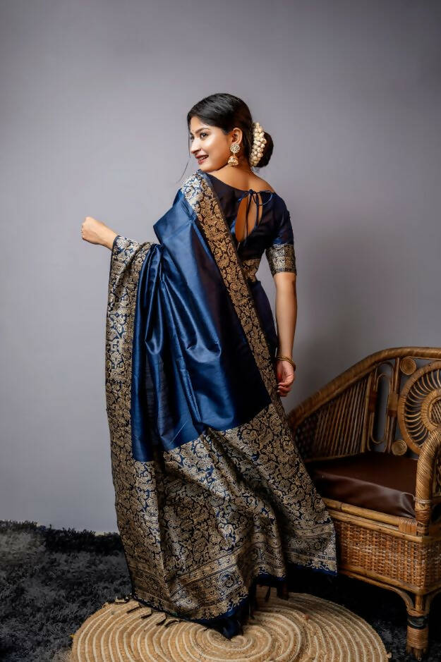 Vishnu Weaves Women's Blue Handloom Raw Silk Woven Border Saree with Unstitched Blouse - Distacart