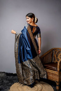 Thumbnail for Vishnu Weaves Women's Blue Handloom Raw Silk Woven Border Saree with Unstitched Blouse - Distacart