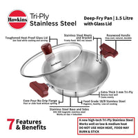 Thumbnail for Hawkins Tri-Ply Stainless Steel Deep-Fry Pan with Glass Lid Silver (SSD15G)