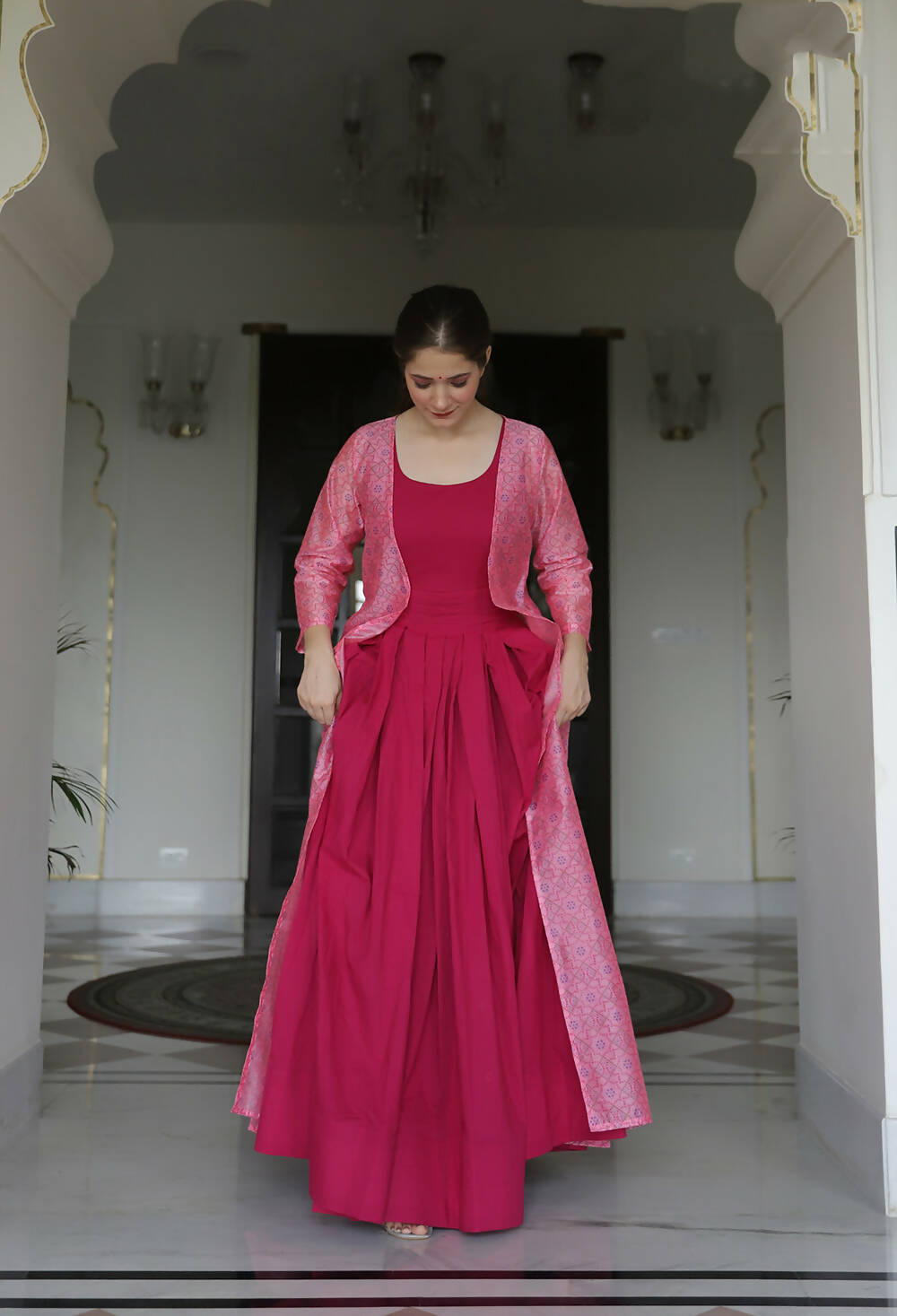 Partywear Designer Digital print Pink Maslin Gown - Anbazaar - Distacart