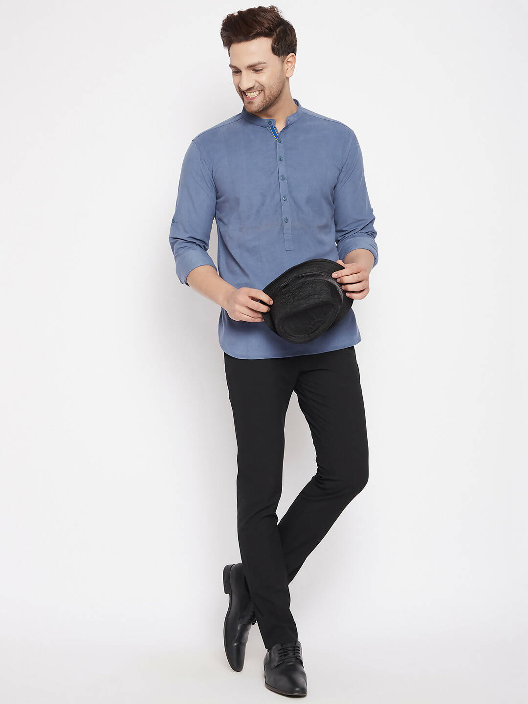 Even Apparels Grey Pure Cotton Short Men's Kurta With Band Collar - Distacart