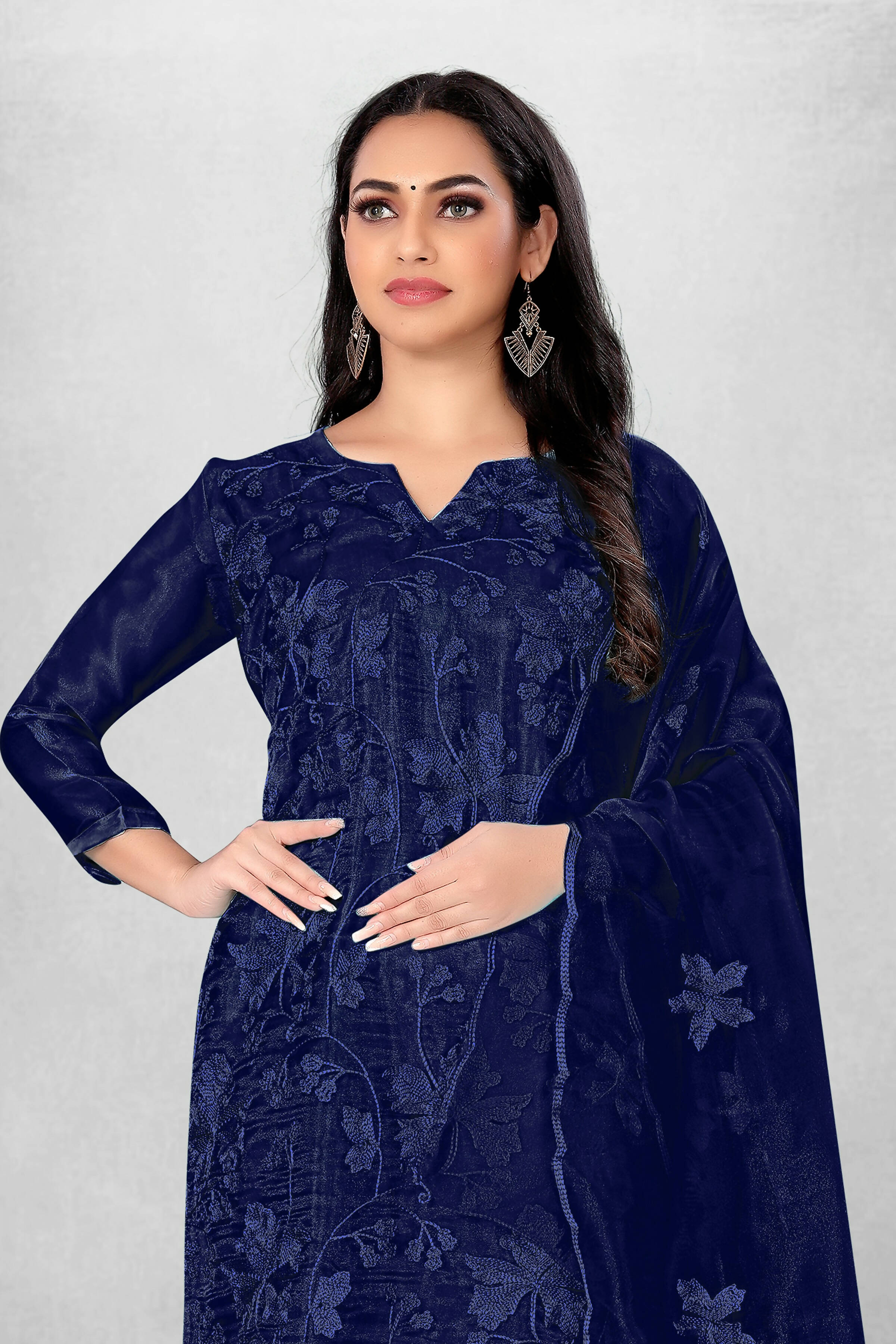 Navy Blue Heavy Organza Silk Embroidered Unstitched Dress Material - Amara - Distacart