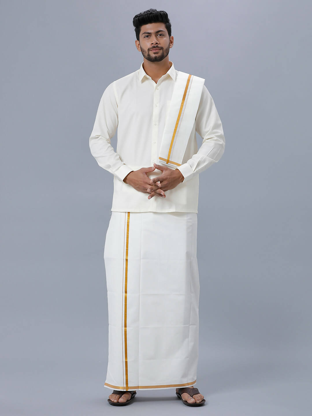 Ramraj Cotton Mens Wedding Set Cream Regular Dhoti, Shirt & Towel Arathi 1/2" - Distacart
