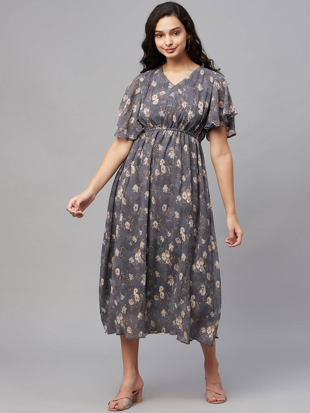 Myshka Women Grey Printed Half Sleeve V Neck Dress - Distacart