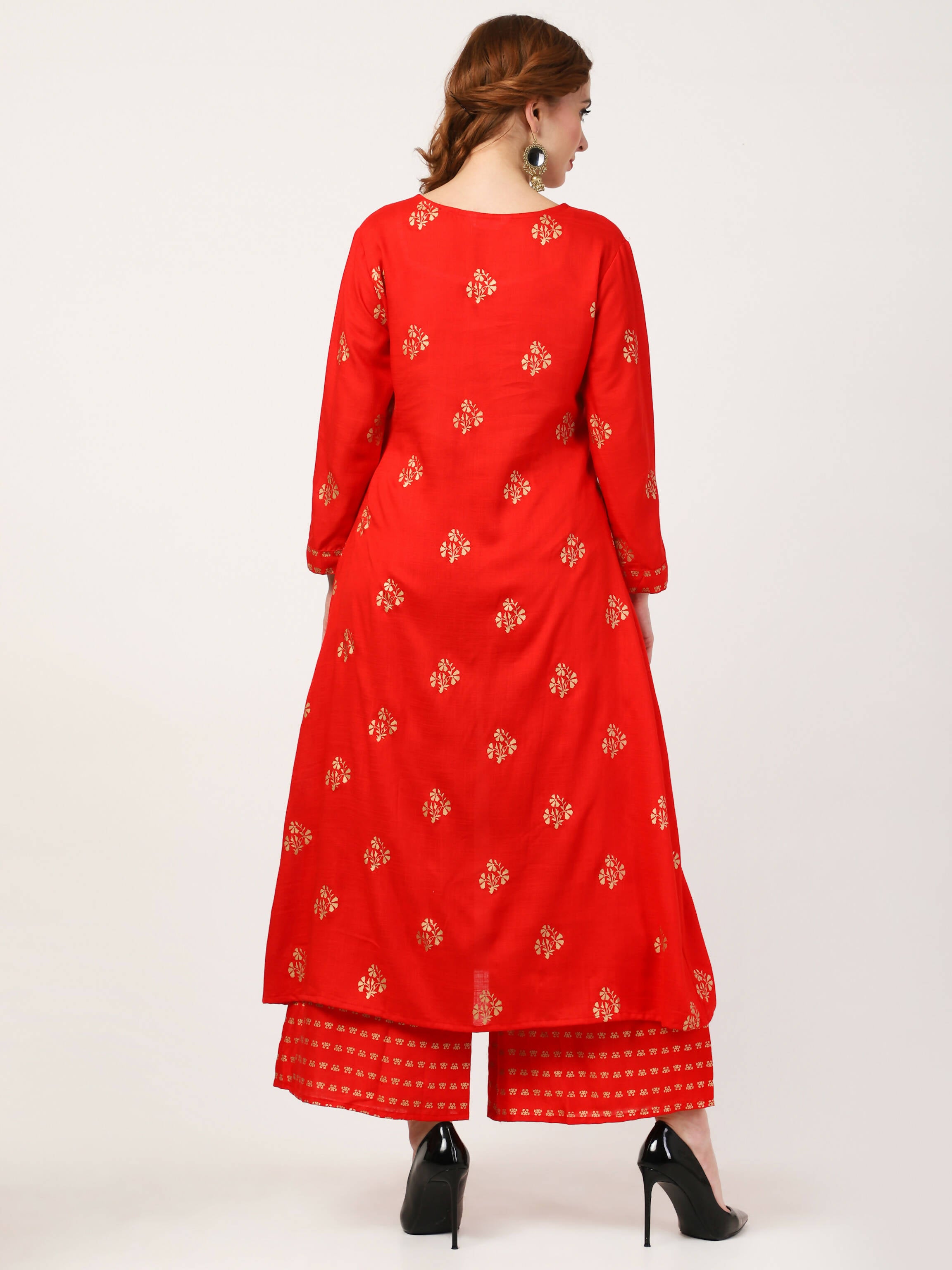 Cheera Embellished Daily Wear Cotton Blend Kurta With Palazoo - Red - Distacart