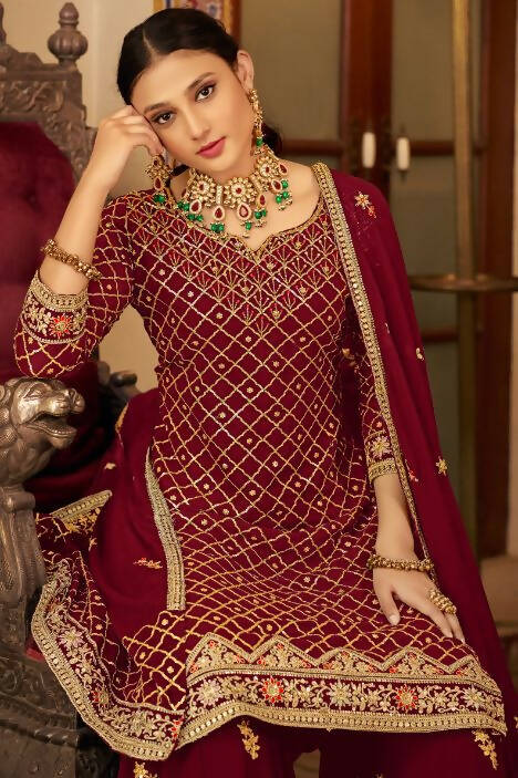 Maroon Heavy Chinon Semi Stitched Kurta with Bottom & Dupatta - Dhvani - Distacart