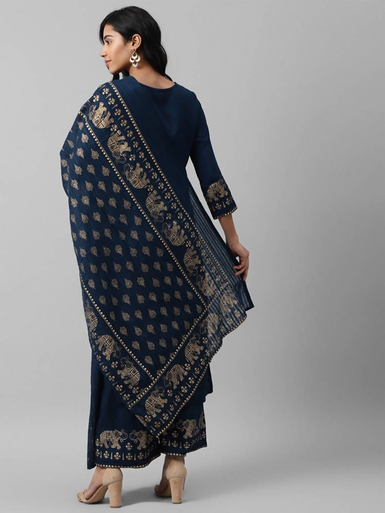 Yufta Women Navy Blue And Golden Pure Cotton Solid Kurta with Palazzo and Dupatta
