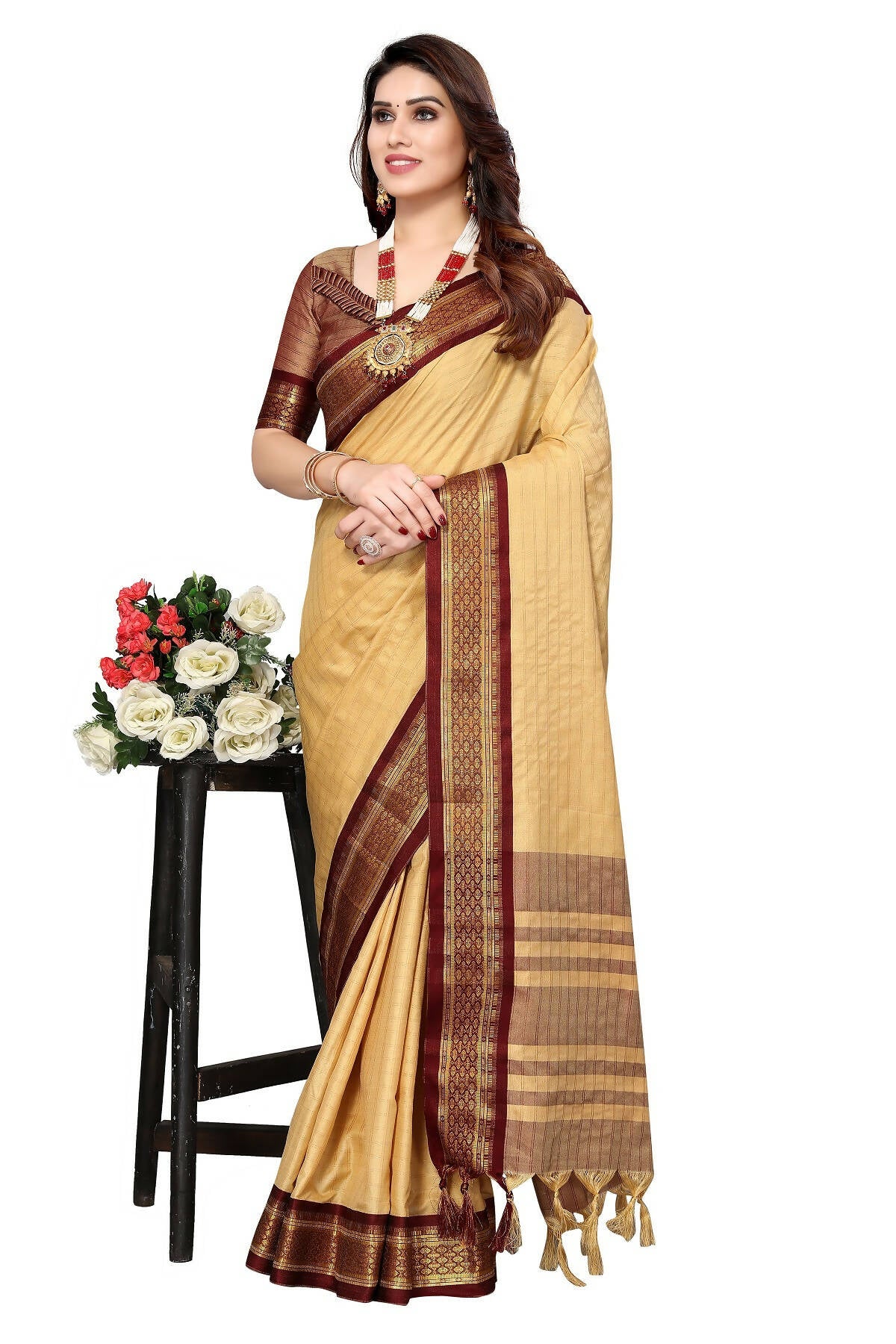 Vamika Weaving Cream Cotton Silk Saree - Distacart