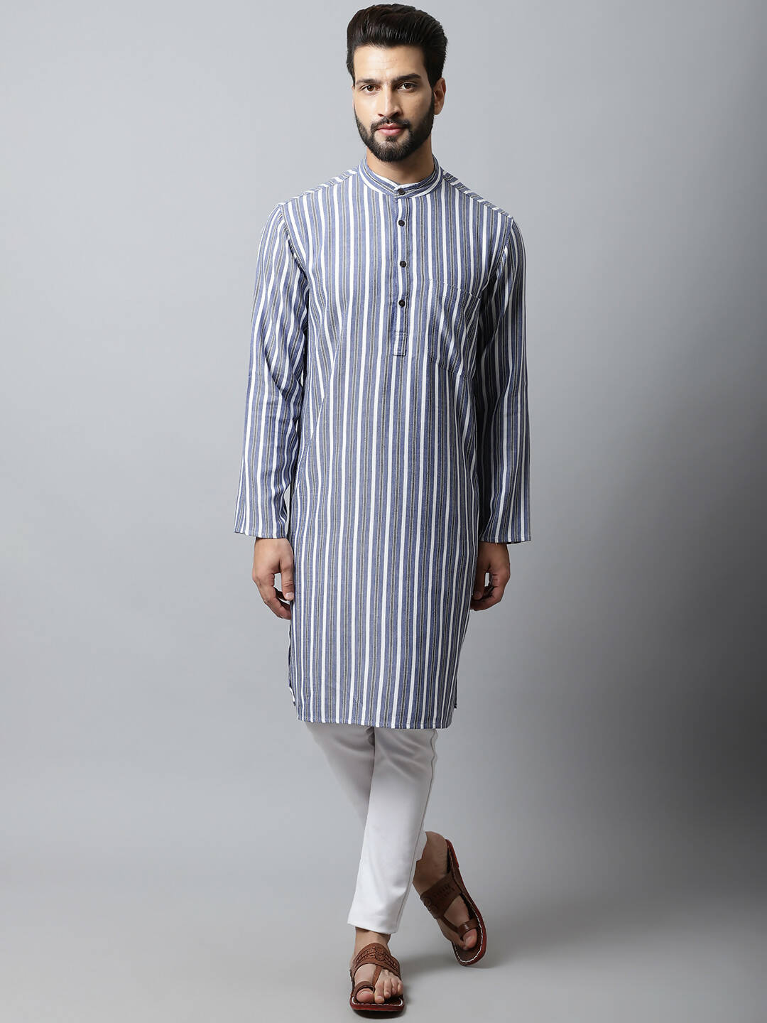 Even Apparels Blue Color Pure Cotton Men's Kurta With Band Collar (STR1168) - Distacart
