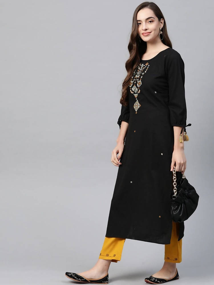 Yufta Women Black Ethnic Motifs Embroidered Pure Cotton Kurta with Trouser