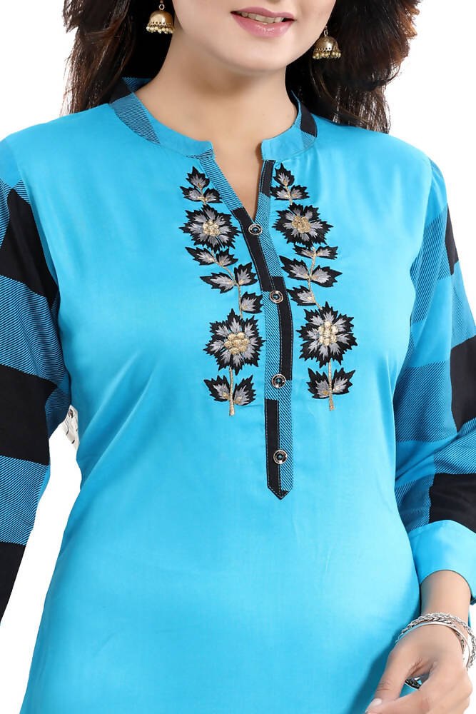 Snehal Creations Rayon Designer Embroidery Blue Tunic