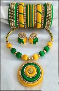 Thumbnail for Green and Yellow Silk Threaded Necklace Set, Earrings And Bangles Set of 2
