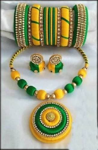 Green and Yellow Silk Threaded Necklace Set, Earrings And Bangles Set of 2