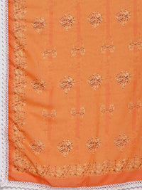 Thumbnail for Myshka Women's Orange Cotton Printed 3/4 Sleeve Round Neck Casual Kurta Pant Dupatta Set