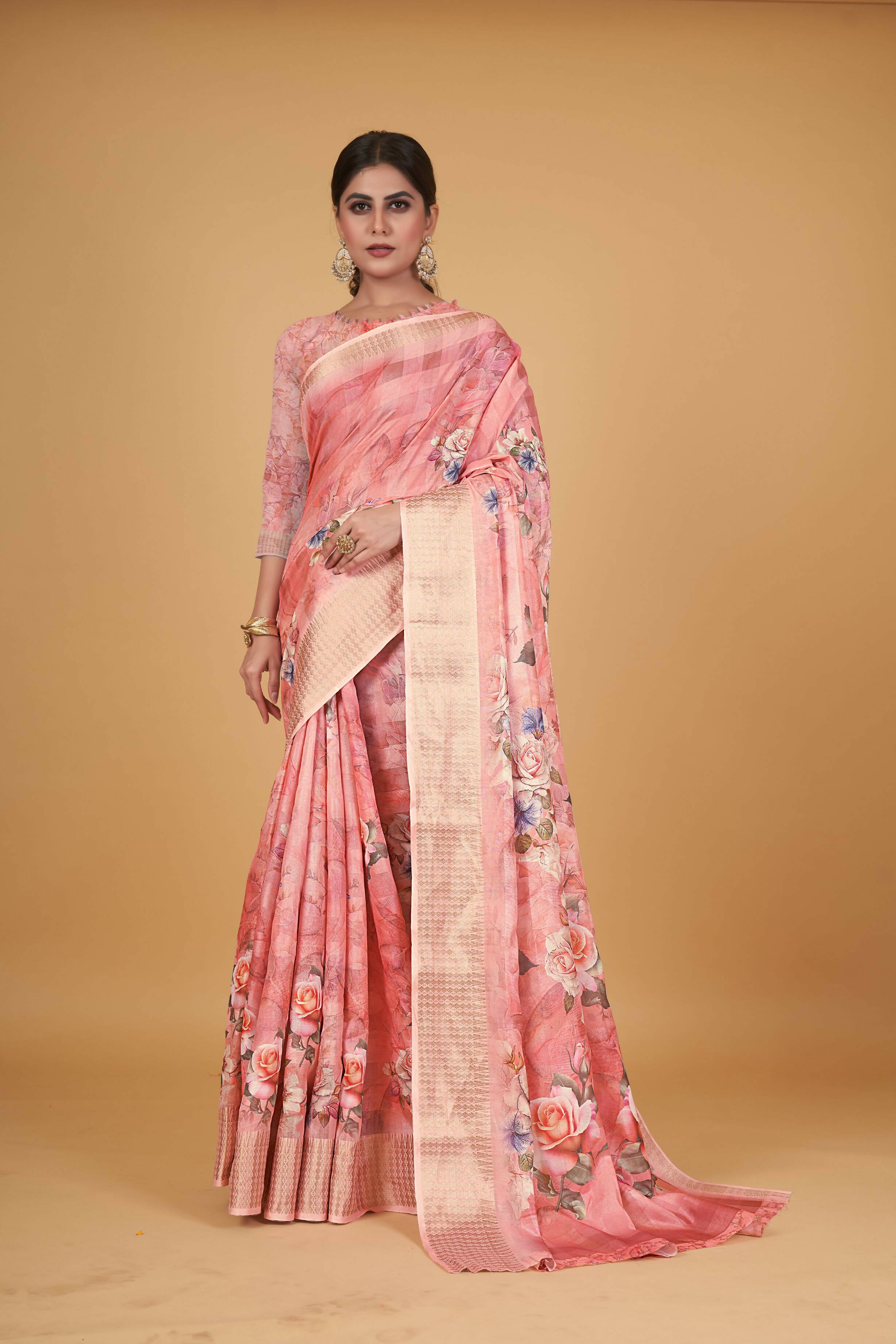 Peach Cotton Silk Digital Printed Saree With Unstitched Blouse Piece - Alisha - Distacart