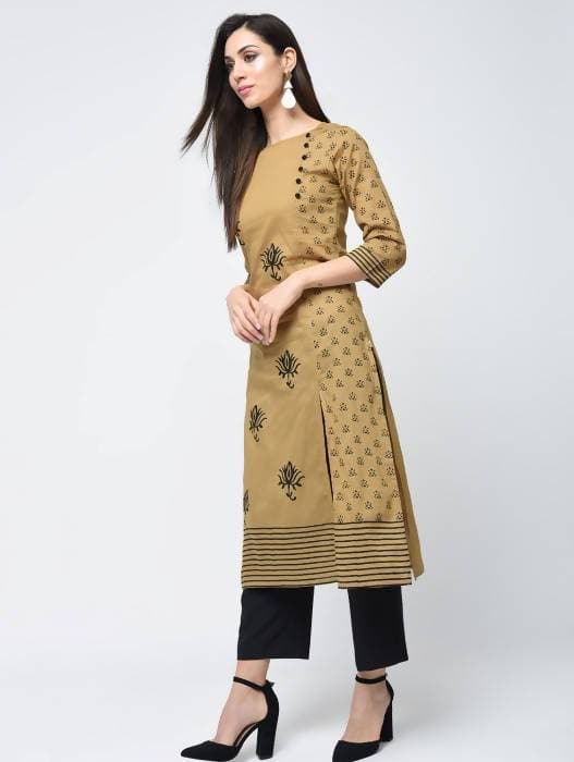 Aniyah Cotton Block Printed Beige Color Front Slit Kurta (AN-117K)