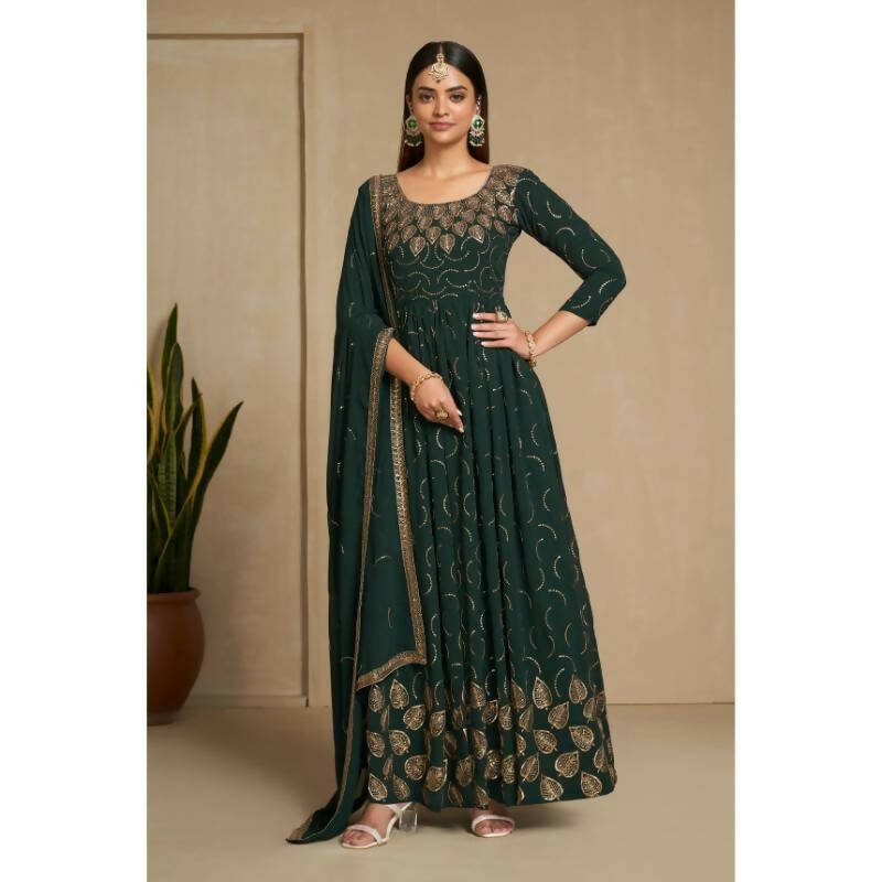 Aastha Fashion Women's Bottle Green Faux Georgette Zari & Sequins Embroidery Gown with Dupatta - Distacart