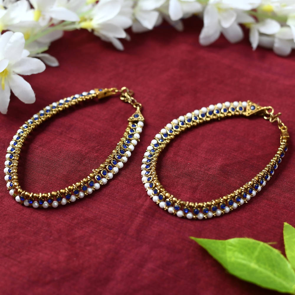 Mominos Fashion Kamal Johar Blue Kundan Anklets