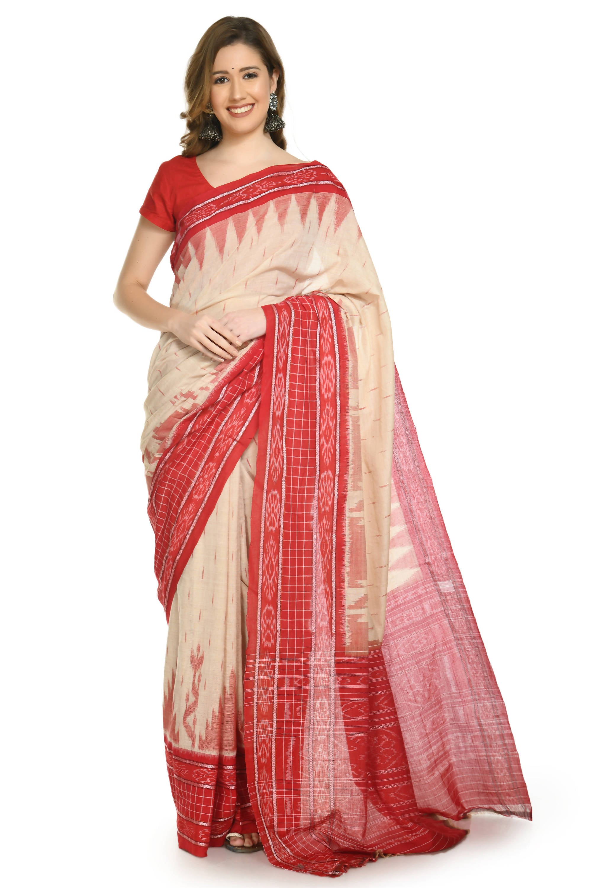 Vamika Sambalpuri Ikat Cotton Scot Dali Tasrite & Red Saree - Distacart
