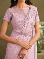 Thumbnail for Pink Crepe Georgette Silk Sequence Embroidered With Stone Work Saree With Stitched Blouse - Mohmanthan La Belle - Distacart