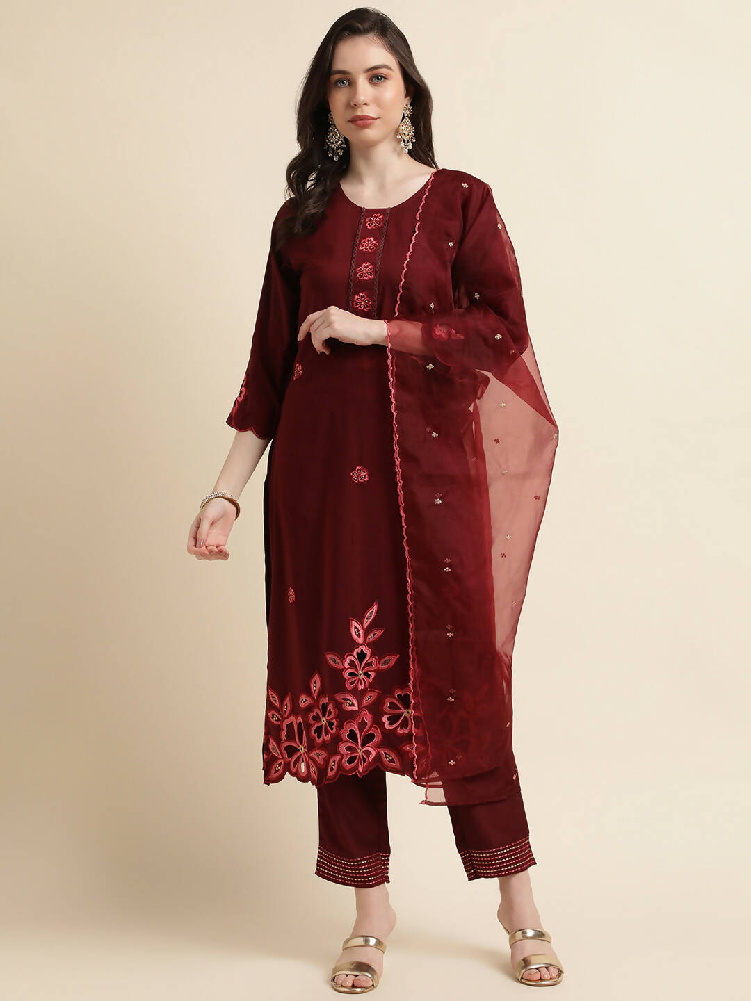 Maroon Chinon Silk Embroidered Straight Kurta with Trouser & Dupatta - Salimar - Distacart
