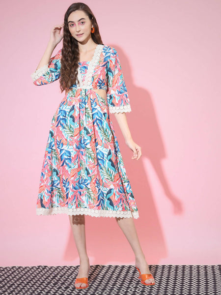 Myshka Women's Multi Floral Printed Fit and Flare Dress - Distacart