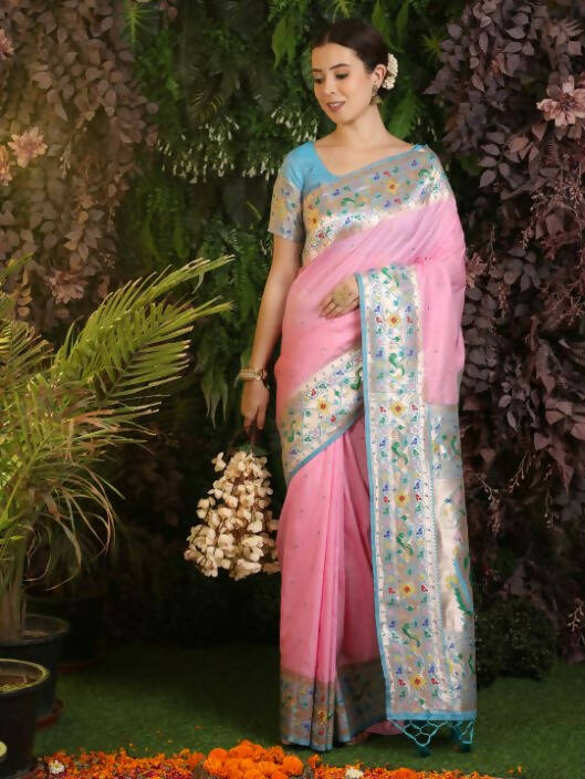 Vishnu Weaves Women's Baby Pink Paithani Silk Zari Woven Saree with Unstitched Blouse - Distacart