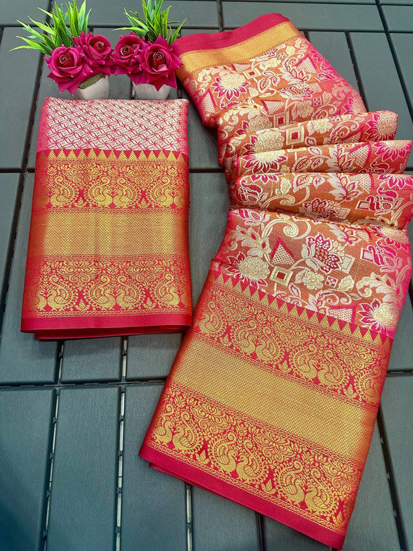 Malishka Pure Kanjivaram Silk Sareee With Blouse Piece - Red - Distacart