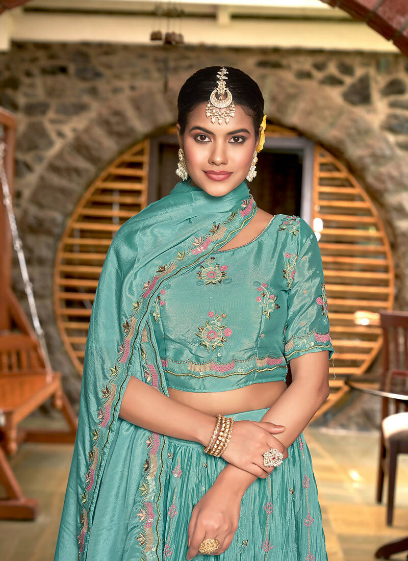 Sky Blue Chinon Crushed Sequence and Thread Embroidery Work Lehenga Choli with Dupatta - Viharini - Distacart