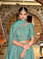 Thumbnail for Sky Blue Chinon Crushed Sequence and Thread Embroidery Work Lehenga Choli with Dupatta - Viharini - Distacart