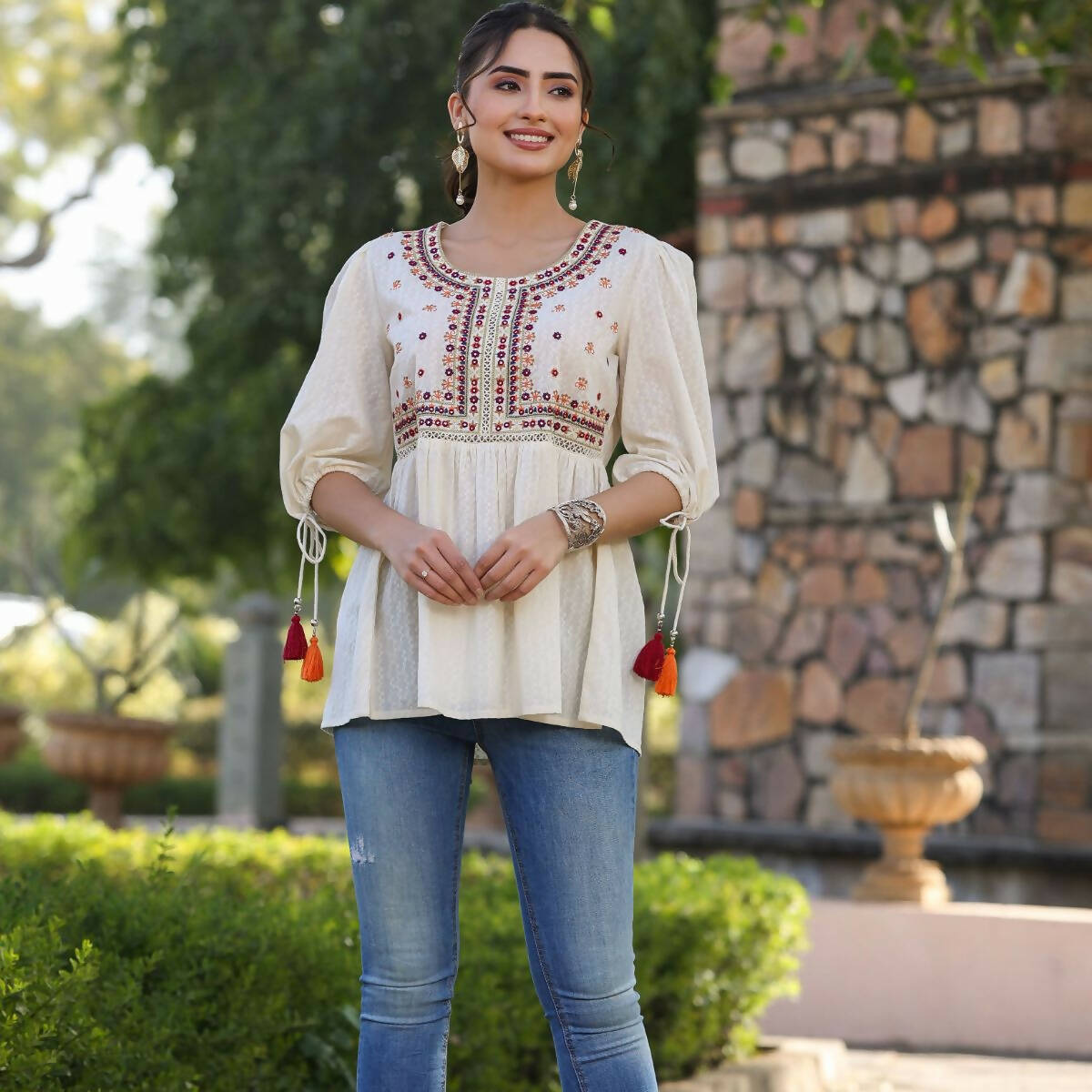 Juniper Women's Offwhite Cotton Solid With Embroidered Straight Tunic - Distacart