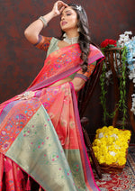 Thumbnail for Lorenvalley Fashion Peach Kanjivaram Silk Woven Design with Zari Weaving Saree - Distacart