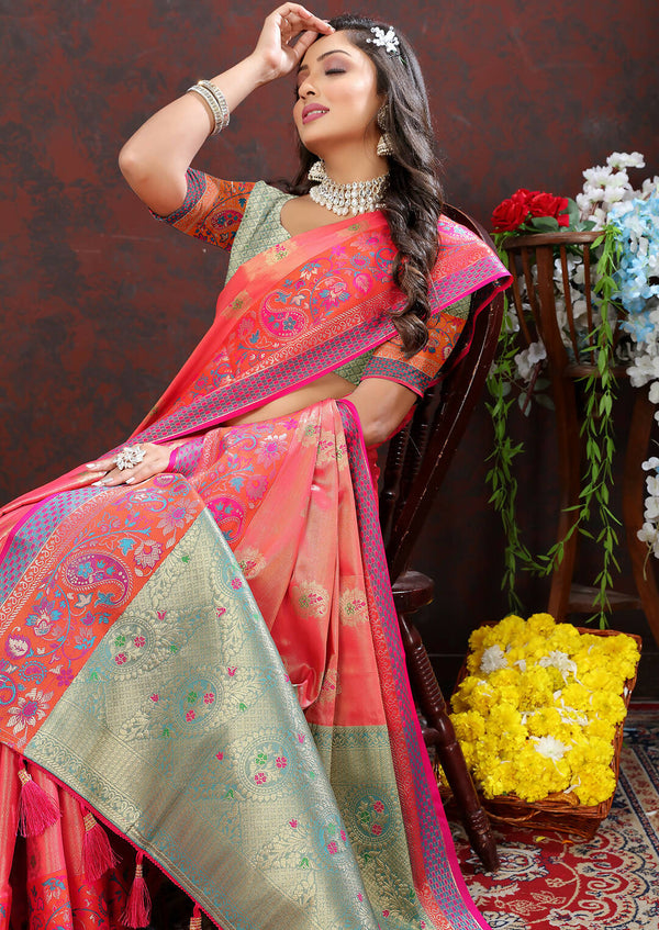 Lorenvalley Fashion Peach Kanjivaram Silk Woven Design with Zari Weaving Saree - Distacart