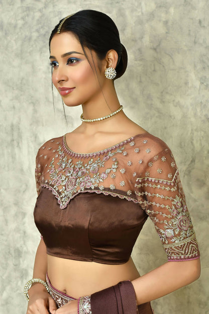 Brown Silk Plain Saree with Blouse Piece - Purvi - Distacart