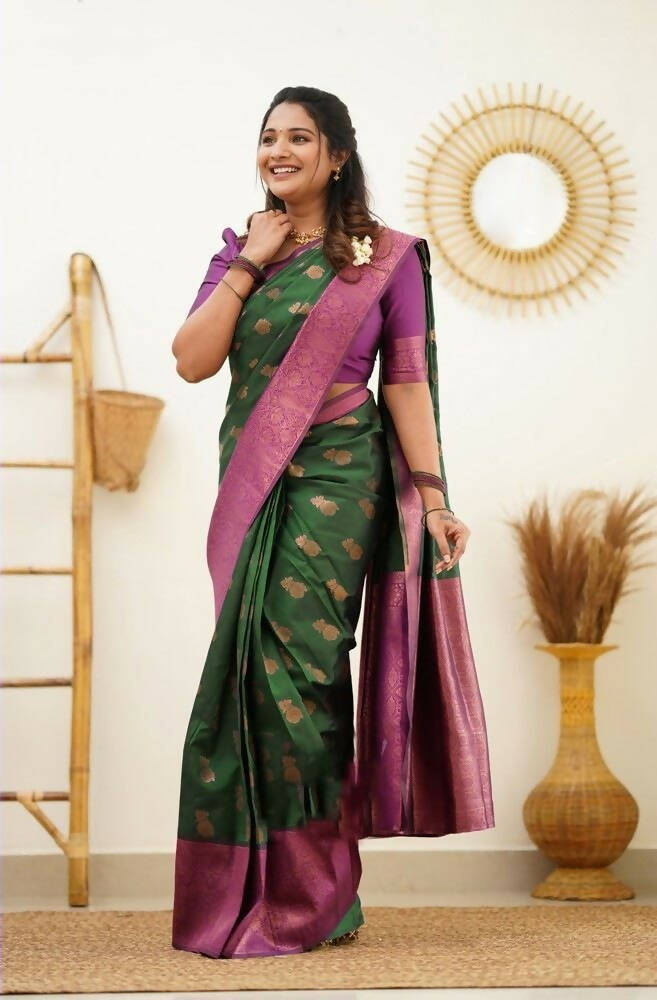 DEIANA'S Beautiful Golden Jari with New Design Soft Lichi Silk Saree - Green - Distacart