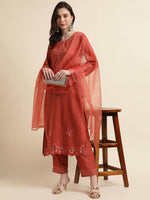 Thumbnail for Orange Chinon Silk Embroidered Straight Kurta with Trouser & Dupatta - Salimar - Distacart