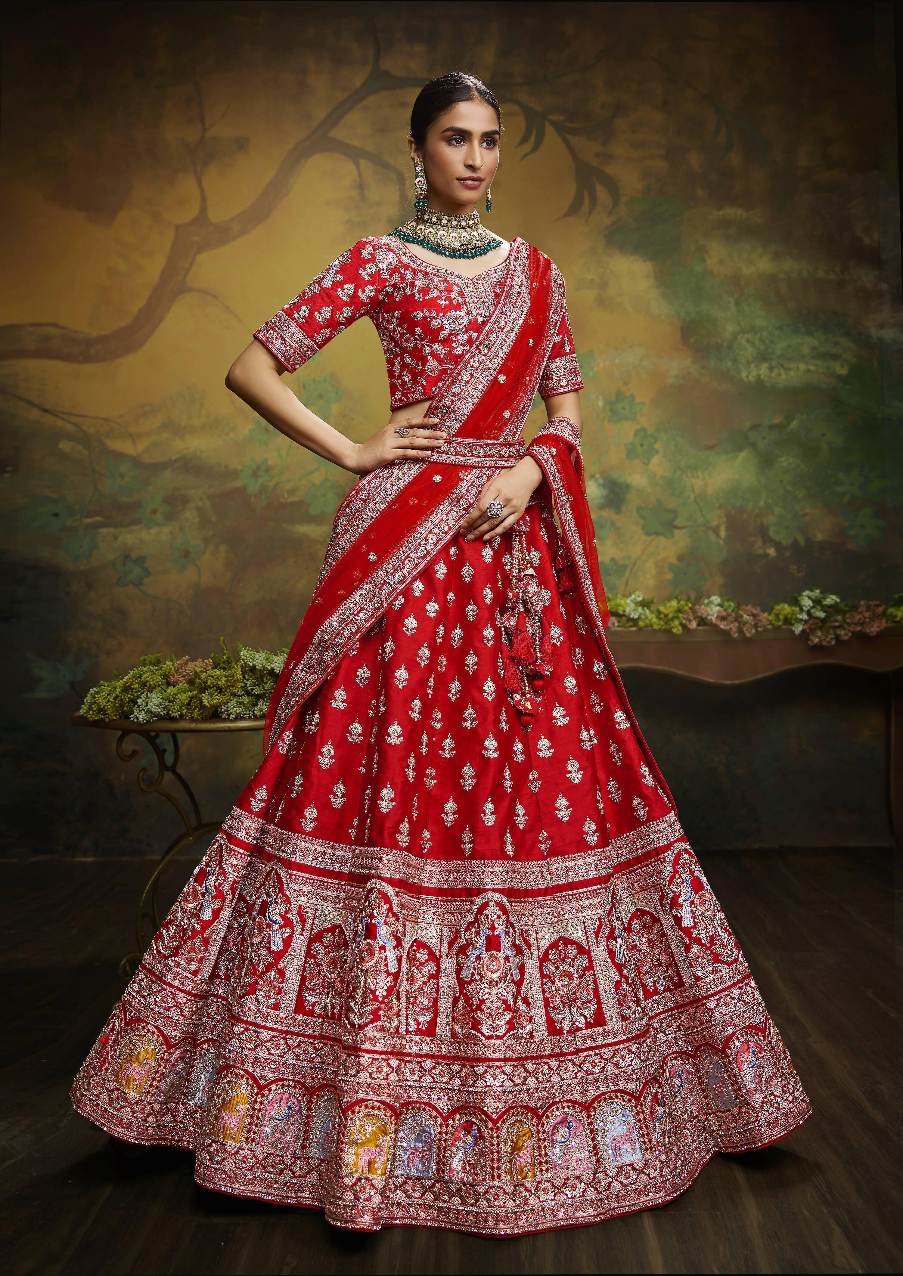 House of Panchhi Red Pure Silk Moti & Zarkan heavy embroidery Lehenga choli & Dupatta - Distacart