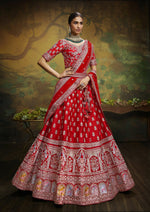 Thumbnail for House of Panchhi Red Pure Silk Moti & Zarkan heavy embroidery Lehenga choli & Dupatta - Distacart