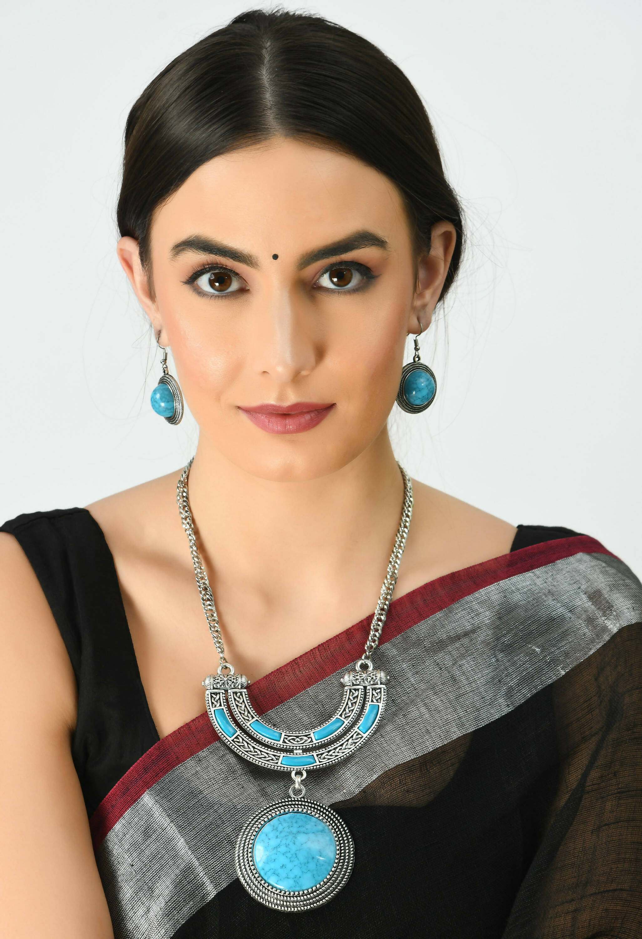 Mominos Fashion Johar Kamal Oxidised Silver-Plated Stone Work Long Necklace Handicraft Sky Blue - Distacart