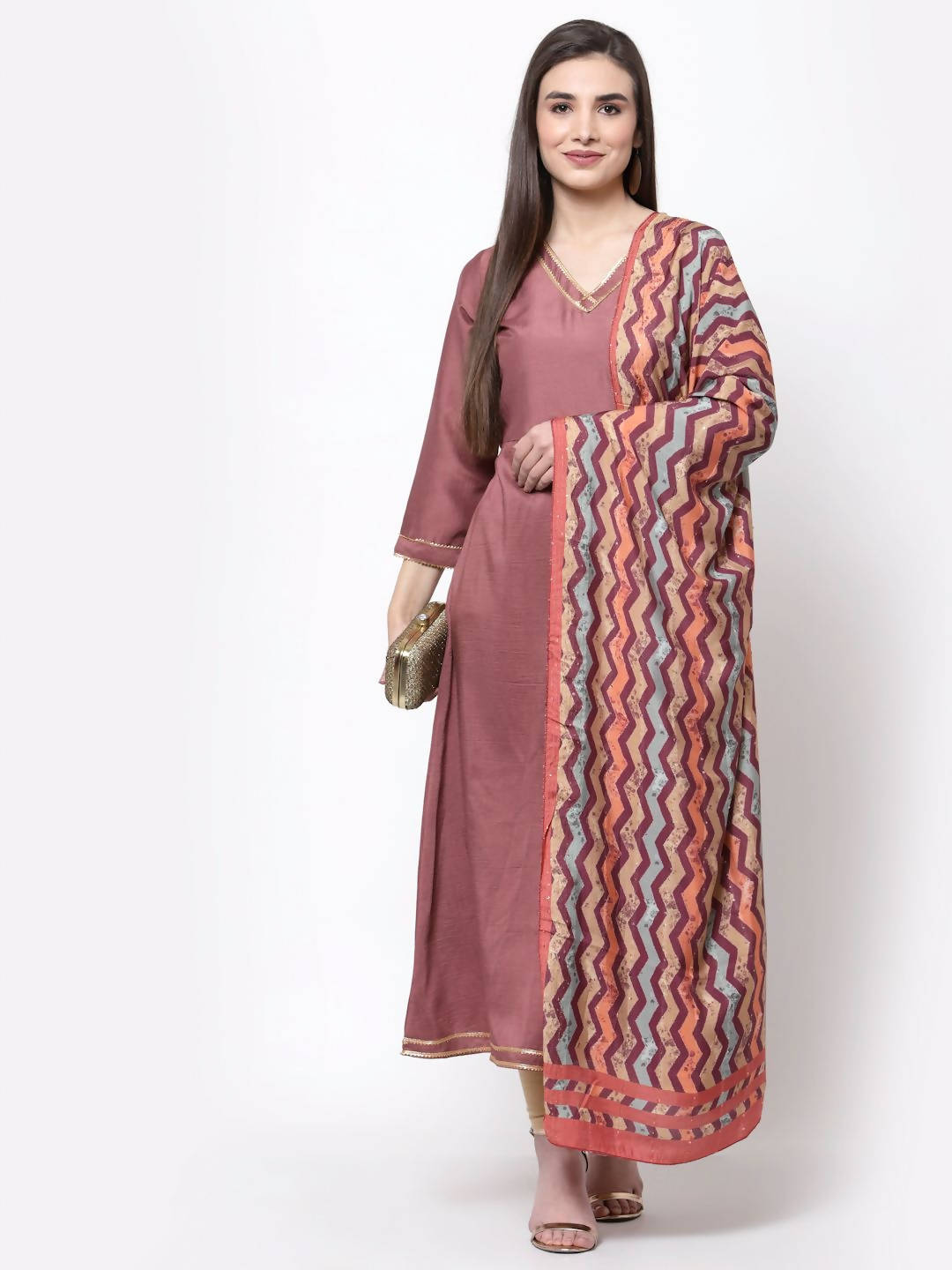 Myshka Women's Dark Pink Cotton Solid 3/4 Sleeve V Neck Casual Anarkali Kurta Dupatta Set