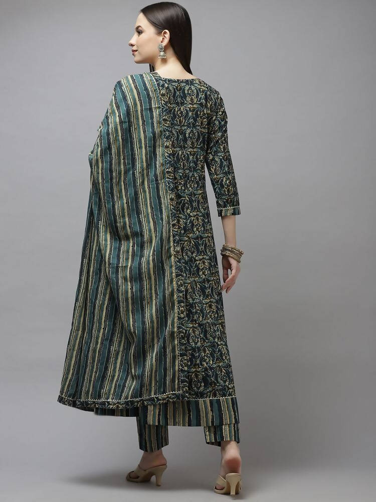 Yufta Women Green Printed Gotta Patti Pure Cotton Kurta with Trouser and Dupatta