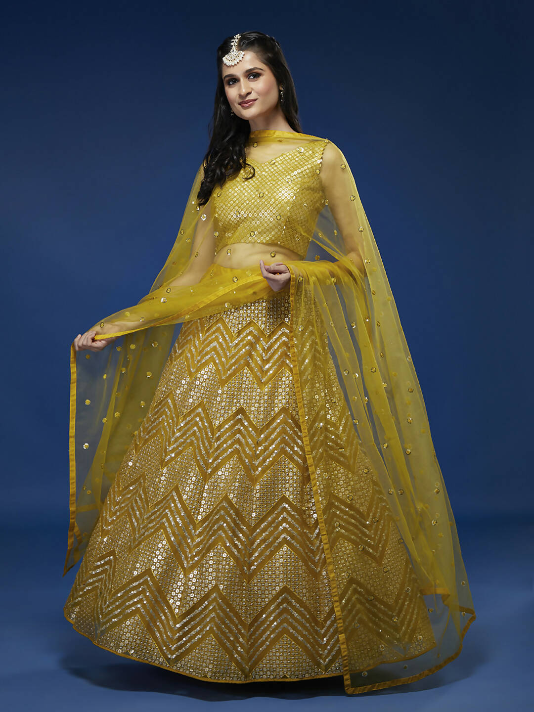 House of Panchhi Mustard Net Sequinse Work Lehenga & Blouse, Dupatta - Distacart