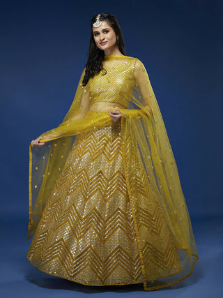 House of Panchhi Mustard Net Sequinse Work Lehenga & Blouse, Dupatta - Distacart