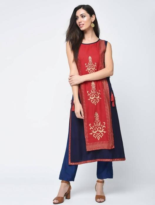 Aniyah Rayon Block Printed Layered Kurta In Red (AN-120K)