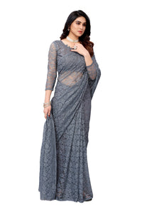 Thumbnail for Vamika Ethnic Fire Grey Pearls Net Saree - Distacart