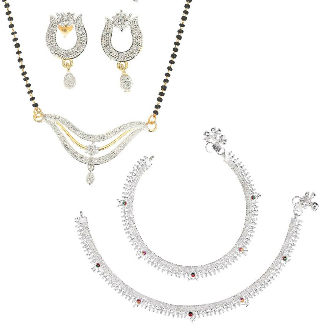 AanyaCentric Gold-plated Mangalsutra Pendant Earring Set & Silver Plated Anklet - Distacart