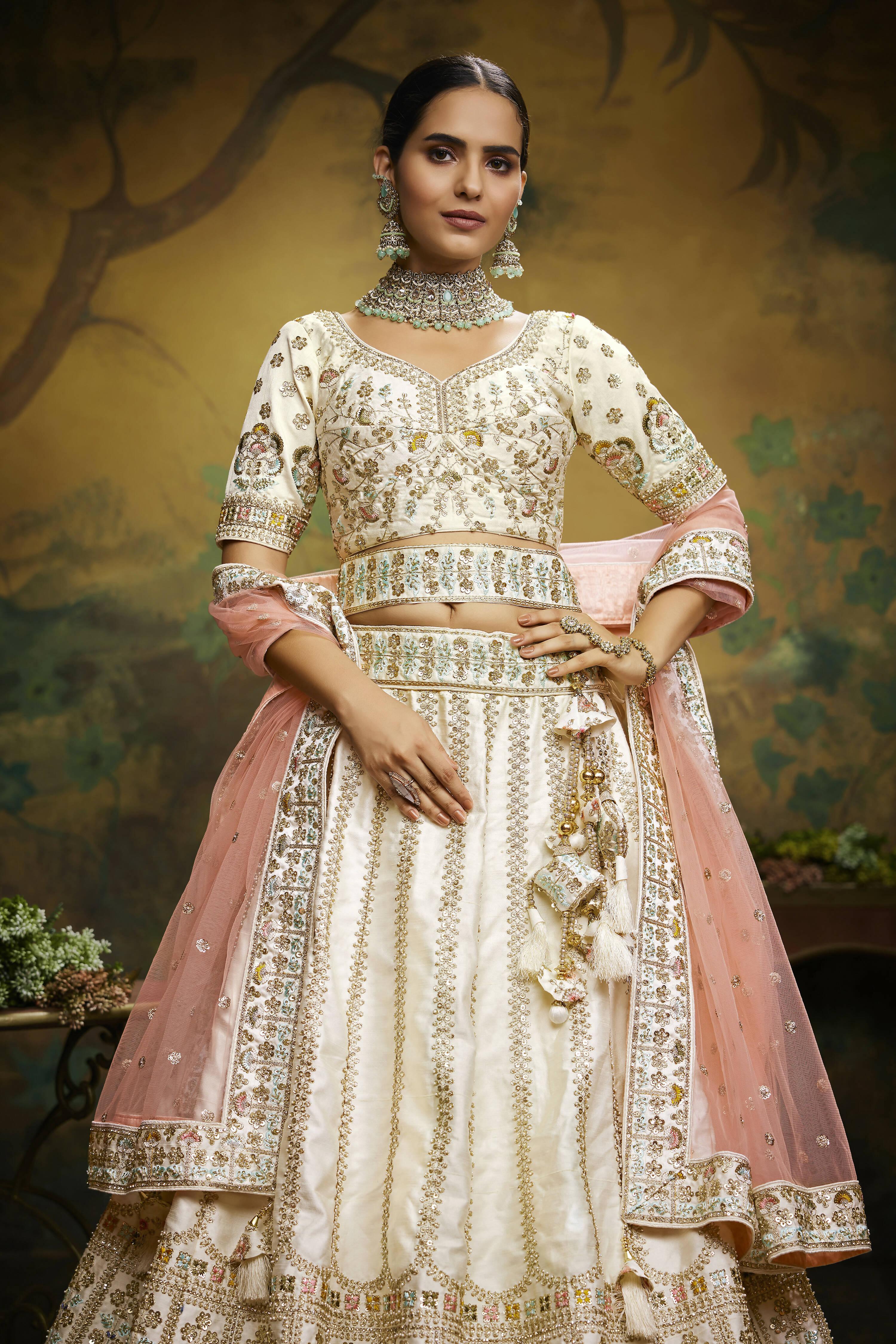 House of Panchhi Off White Pure Silk Moti & Zarkan heavy embroidery Lehenga choli & Dupatta - Distacart