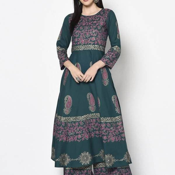 Aniyah Rayon Teal Blue Color Block Print Anarkali Kurta (AN-221K)