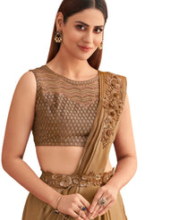 Thumbnail for Beige Satin Embroidered Ready To Wear Saree With Unstitched Blouse Piece - Nandika - Distacart