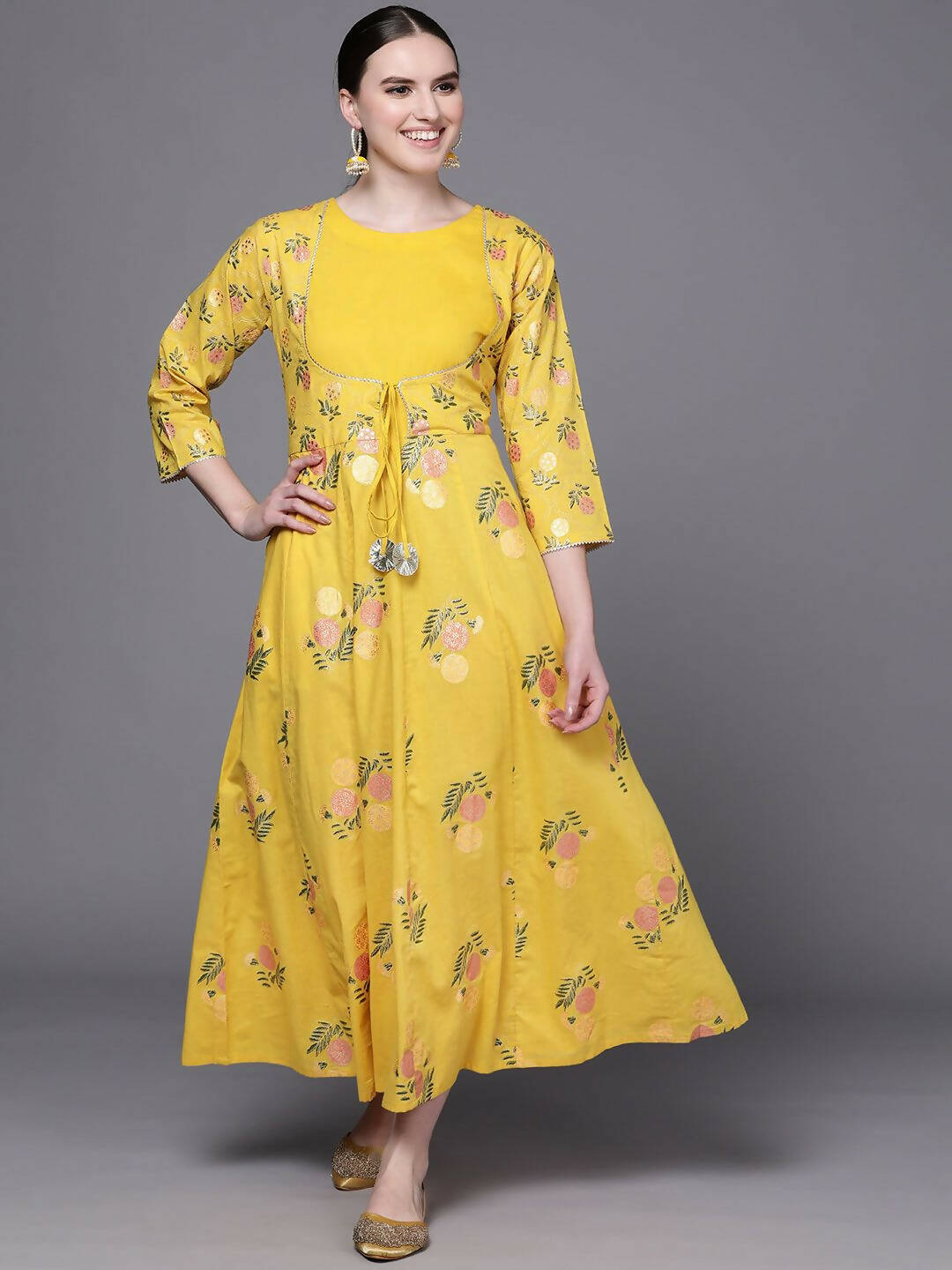 Ahalyaa Women Yellow Floral Fit & Flare Maxi Ethnic Dress - Distacart